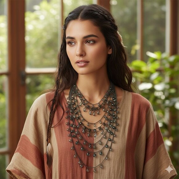 Loft Multi-Strand Beaded Statement Necklace Gunmetal Green & Gray Crystals - Picture 3 of 6